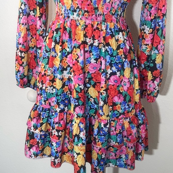 Floral V Neck Long Puff Sleeve Boho Peasant Ruffle Mini Dress Size Small Hippie - Picture 4 of 9
